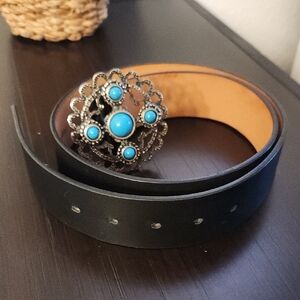 Chic Black Belt with Turquoise Buckle